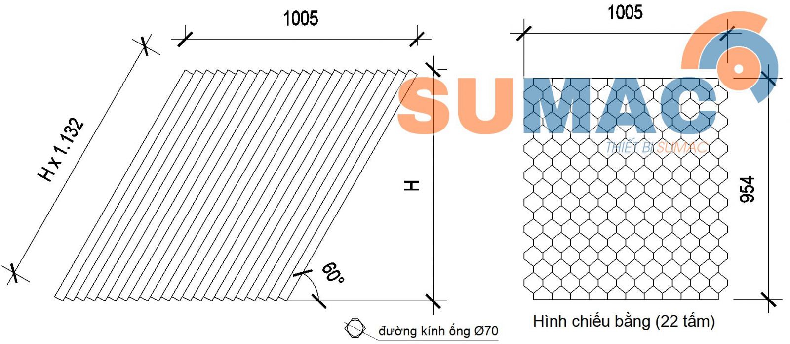 bản vẽ tấm lắng inox ống 70mm. ứng dụng cho bể lắng nước thải