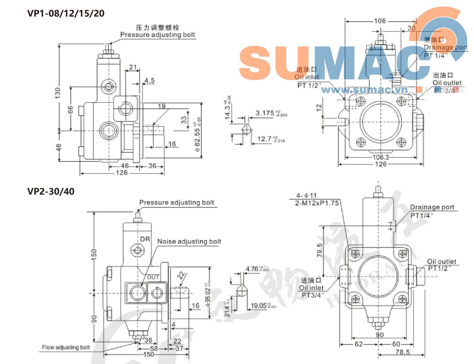 KÍCH THƯỚC BƠM VP15, VP20, VP30, VP40