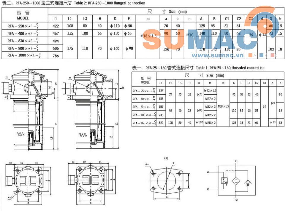 thông số kích thước lọc dầu hồi 250, 400, 630, 1000 lít/phút
