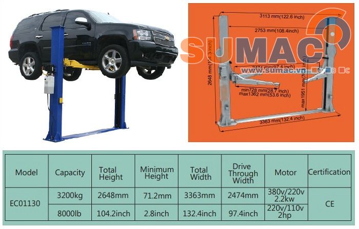 Thông số kỹ  thuật cầu nâng 2 trụ 3 tấn