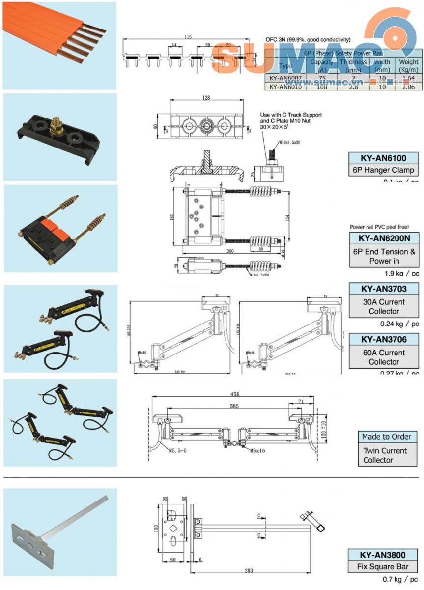thông số kỹ thuật ray dẫn điện cầu trục 6 pha