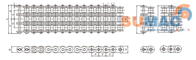 thông số kỹ thuật xích 3 dãy DBC Hàn quốc